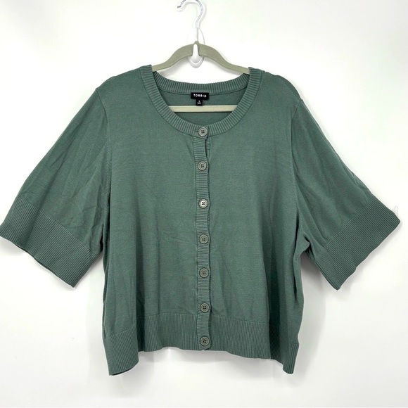 Torrid 5X 5 Green Button-Up Women's soft crew neck shrug cardigan plus office - Picture 2 of 12